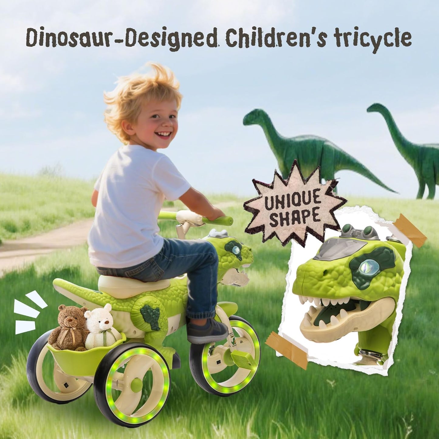Dinosaur Kids Tricycle for Rider, Toddlers Kid Trike Bike Big Wheel with EVA Wide Flash Wheels, Anti-Slip Pedals, Storage Basket, Music & LED Lights, Kids Bike for 3-6 Year Old Girls & Boys (Green)