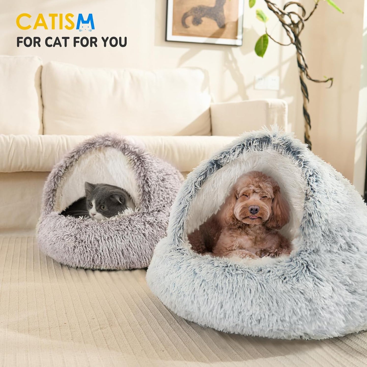 Cozy Plush Hooded Cat Bed, Indoor/Outdoor, Self-Warming Cave, Removable Washable Non-Slip Bottom