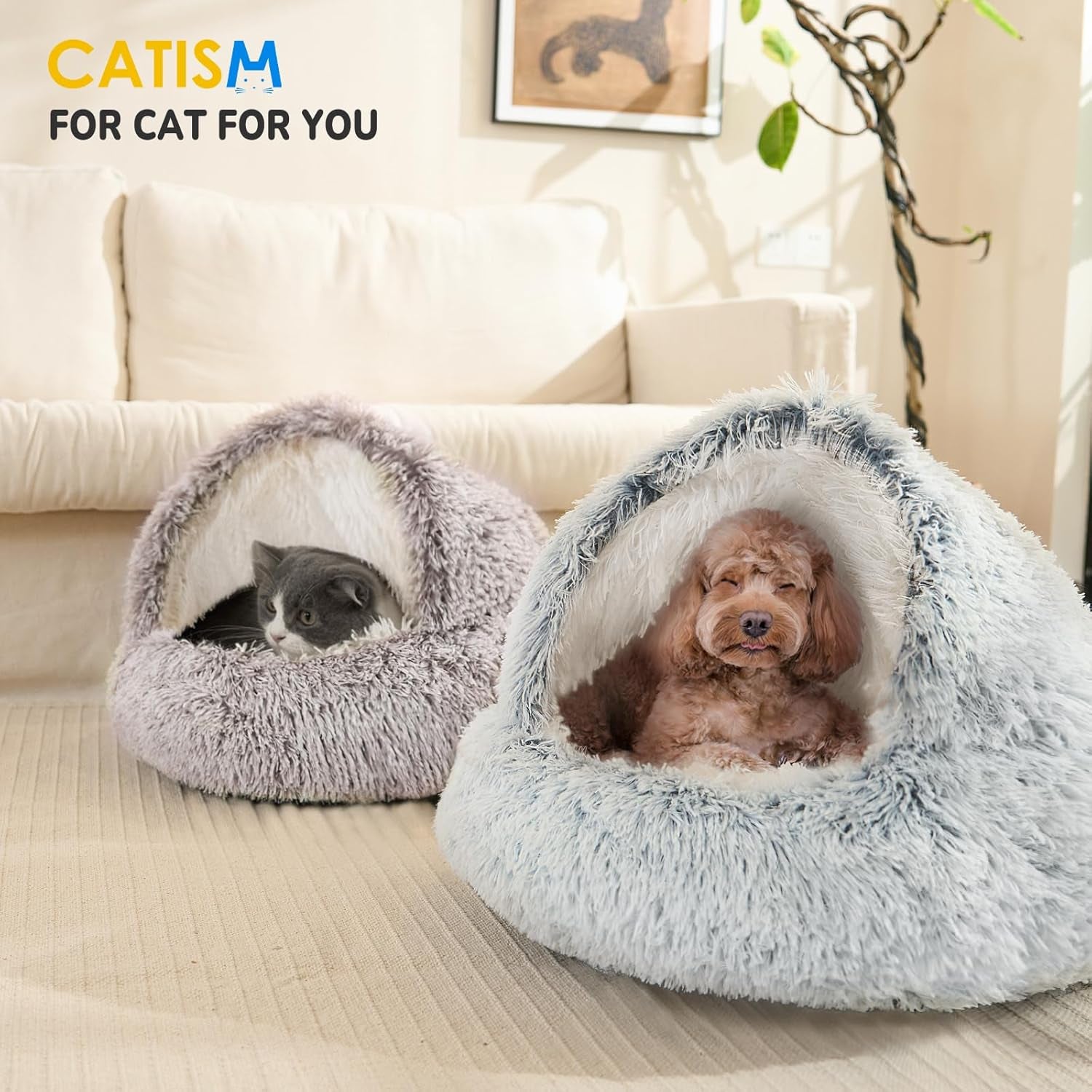 Cozy Plush Hooded Cat Bed, Indoor/Outdoor, Self-Warming Cave, Removable Washable Non-Slip Bottom