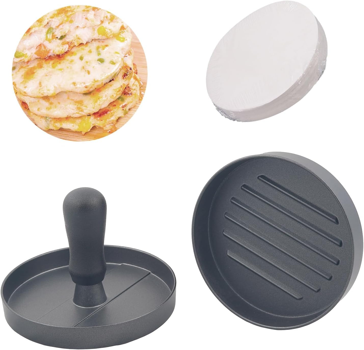 Aluminum Burger Press Patty Maker with 200 Non-Stick Papers - Commercial & Home Use, Hamburger Meat Press Tool, Dishwasher Safe (Black)
