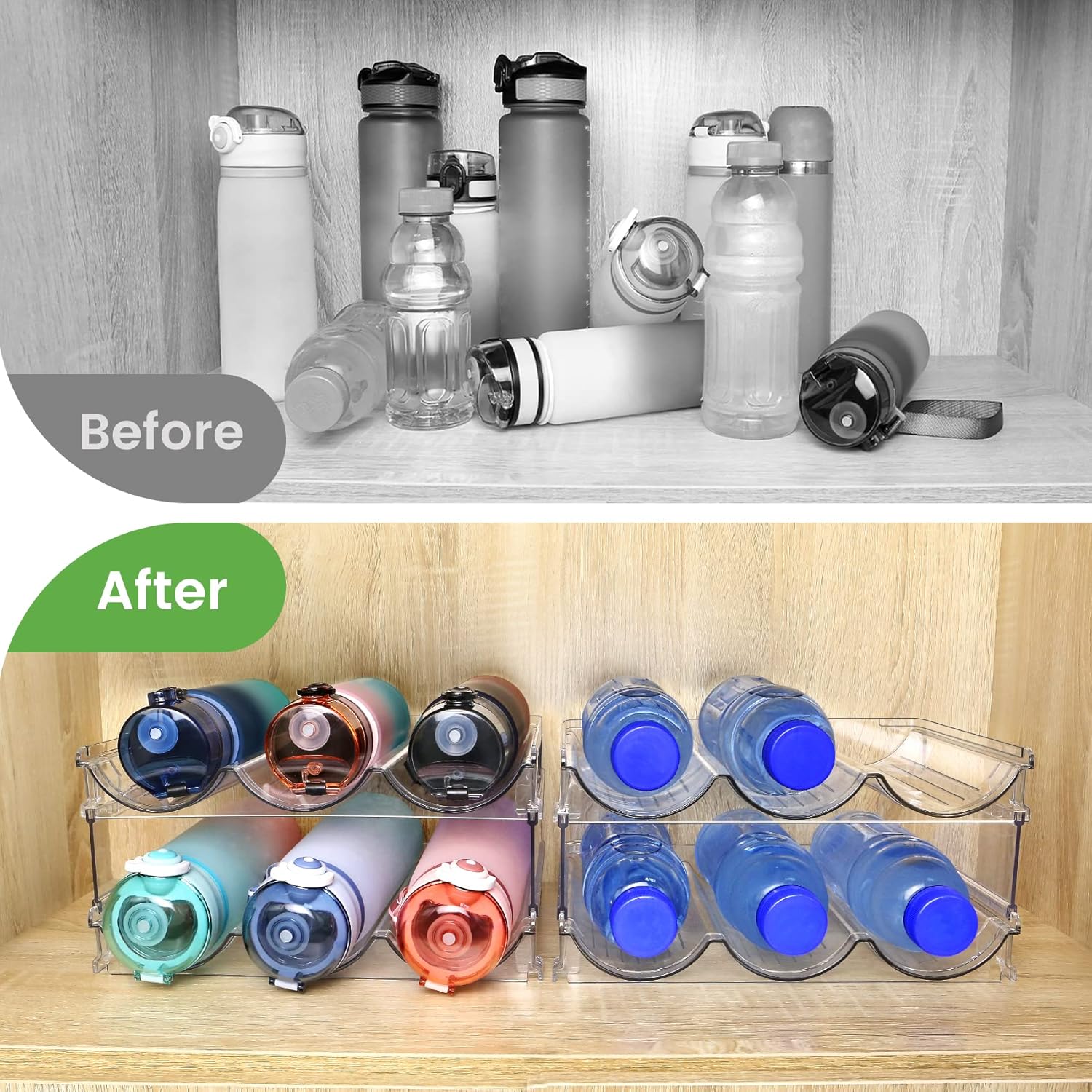 2-Tier Water Bottle Organizer Rack – Stackable Water Bottle Storage Holder for Kitchen Cabinets & Pantry