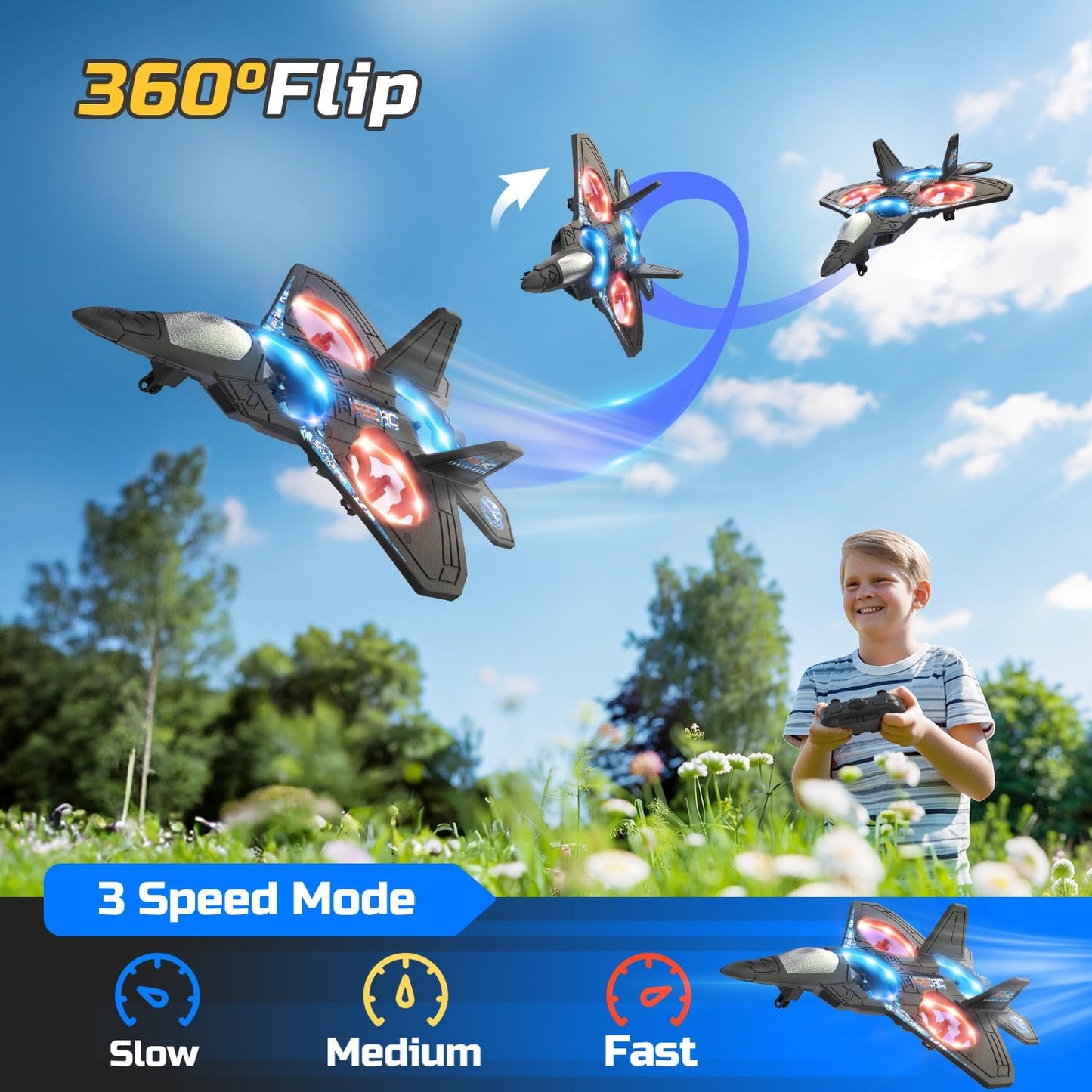 SkyBlade RC Fighter Drone – LED Lights & 360° Stunts