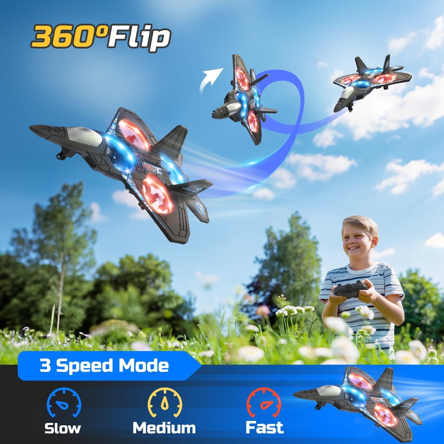 SkyBlade RC Fighter Drone – LED Lights & 360° Stunts