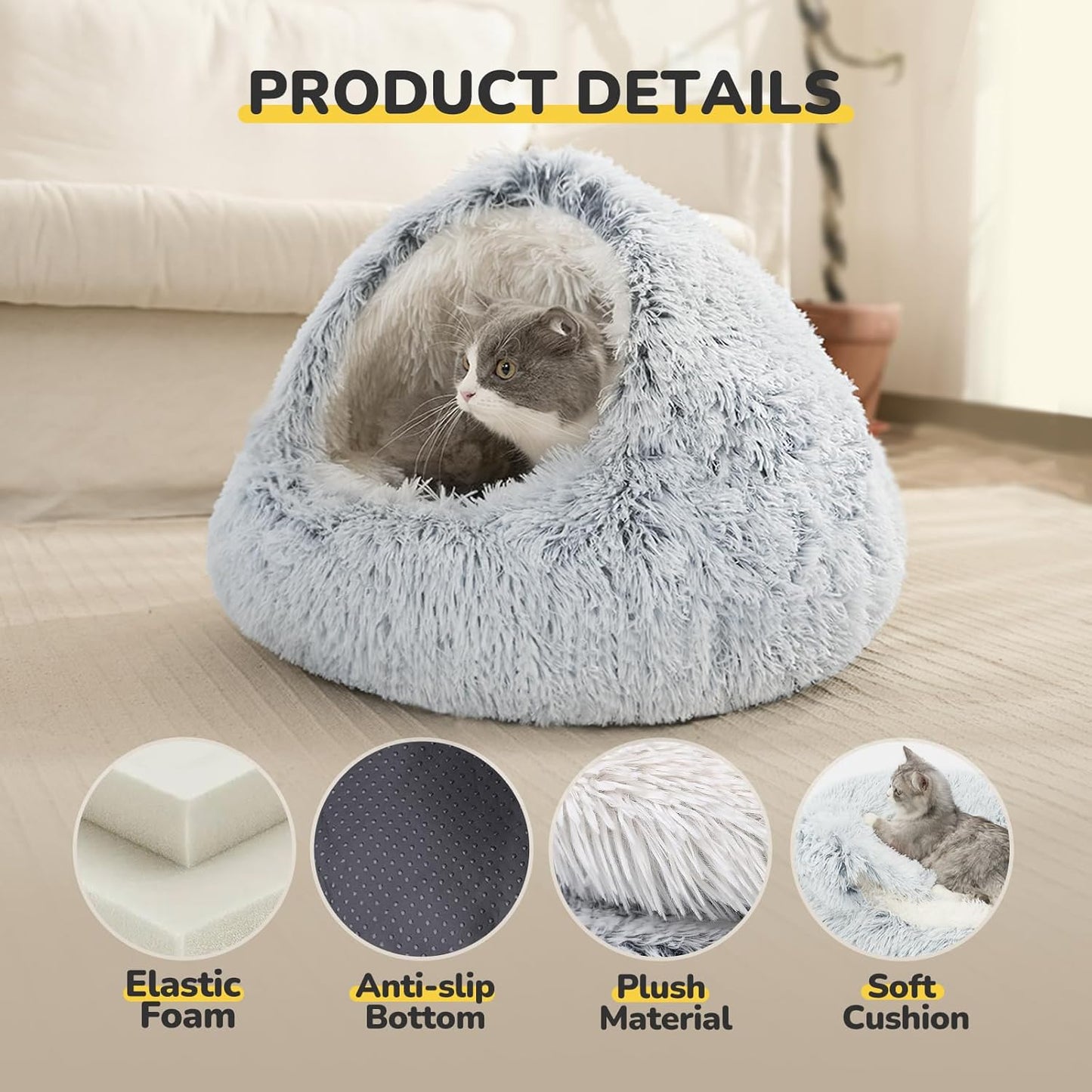 Cozy Plush Hooded Cat Bed, Indoor/Outdoor, Self-Warming Cave, Removable Washable Non-Slip Bottom