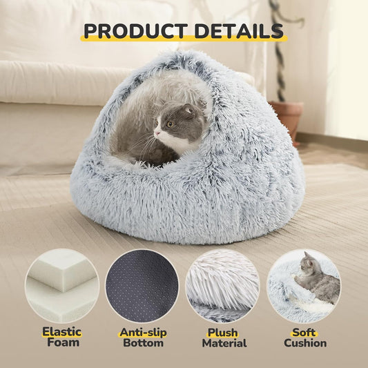 Cozy Plush Hooded Cat Bed, Indoor/Outdoor, Self-Warming Cave, Removable Washable Non-Slip Bottom