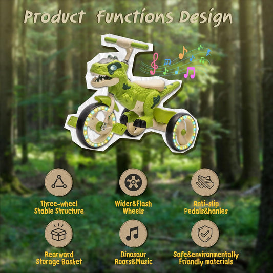 Dinosaur Kids Tricycle for Rider, Toddlers Kid Trike Bike Big Wheel with EVA Wide Flash Wheels, Anti-Slip Pedals, Storage Basket, Music & LED Lights, Kids Bike for 3-6 Year Old Girls & Boys (Green)
